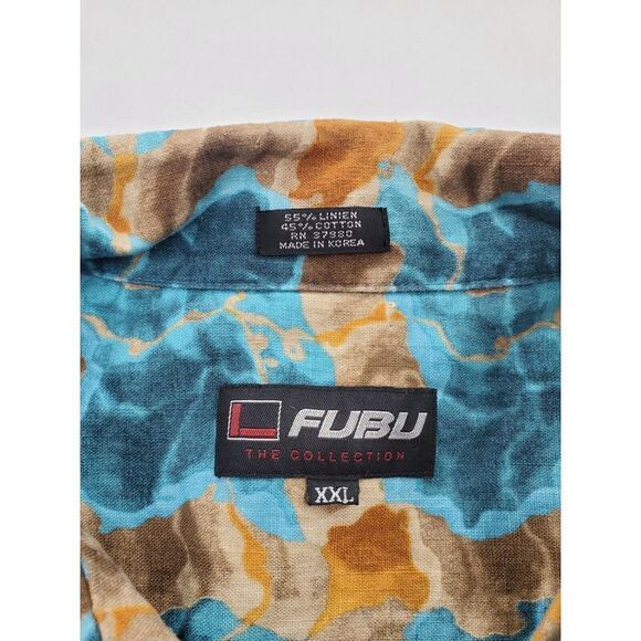 Vtg Fubu SS Button Up Shirt Men 2XL Blue Tan Geometric Plaid Linen Blend 90s Y2K - Picture 2 of 14